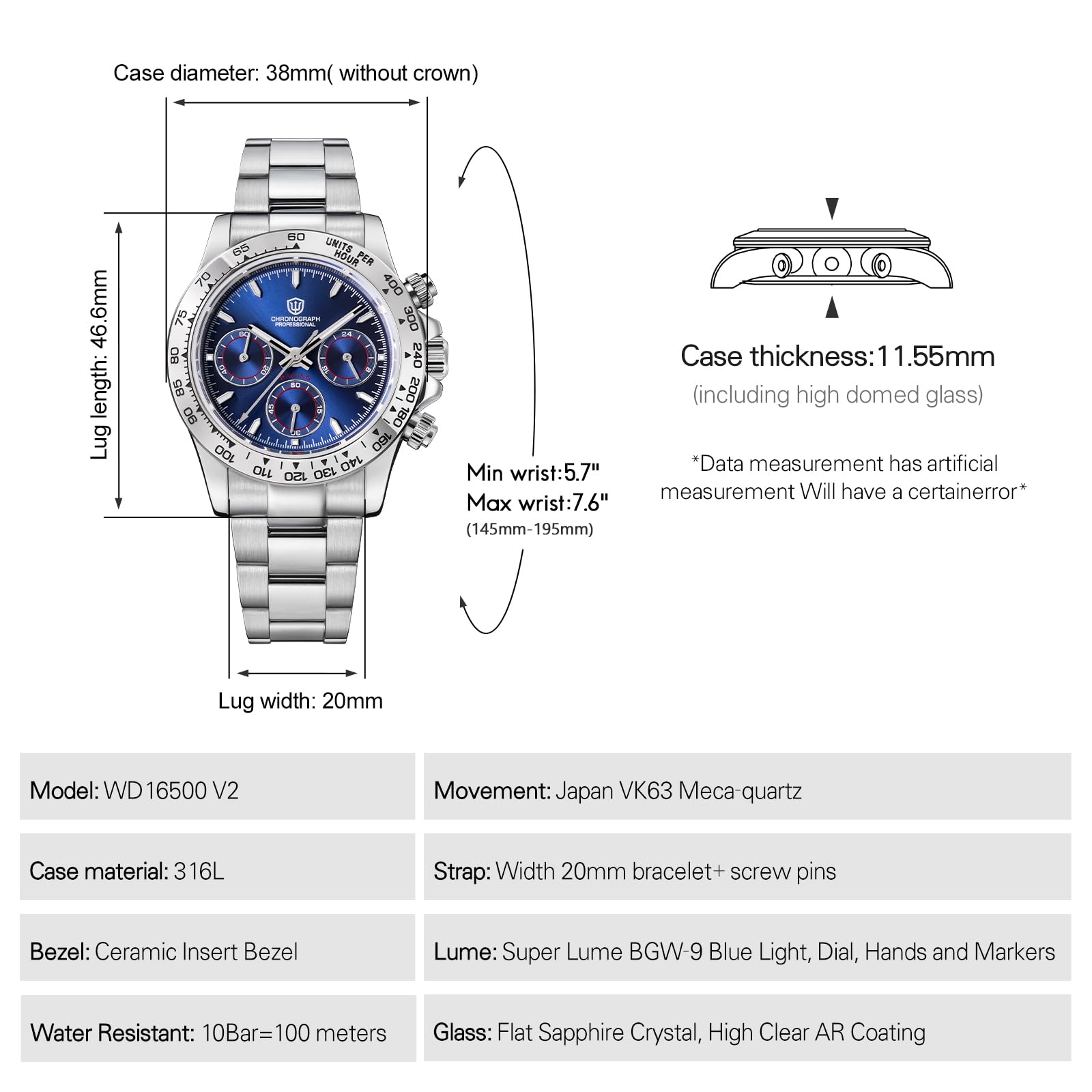 watchdives Chronograph Armbanduhr, WD16500 V2 Quarz Herrenuhren Japan VK63 Meca-Quartz Uhrwerk 38mm Saphirglas Armbanduhr 100M wasserdichte Sportuhr, Edelstahl Armband