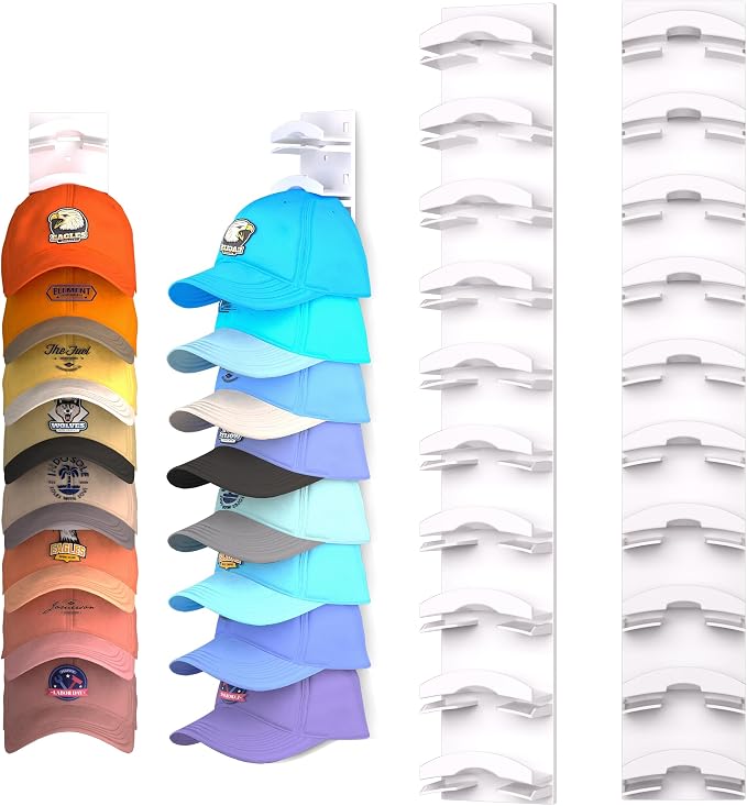 Hat Organizer for Baseball Caps 2Pack, Hat Rack for Wall with Strong Adhesive Hold up to 20 Hats, Hat Hanger Holder Display for Door Closet, Cap Organizer Storage Multilayer Two Mounting Option-White