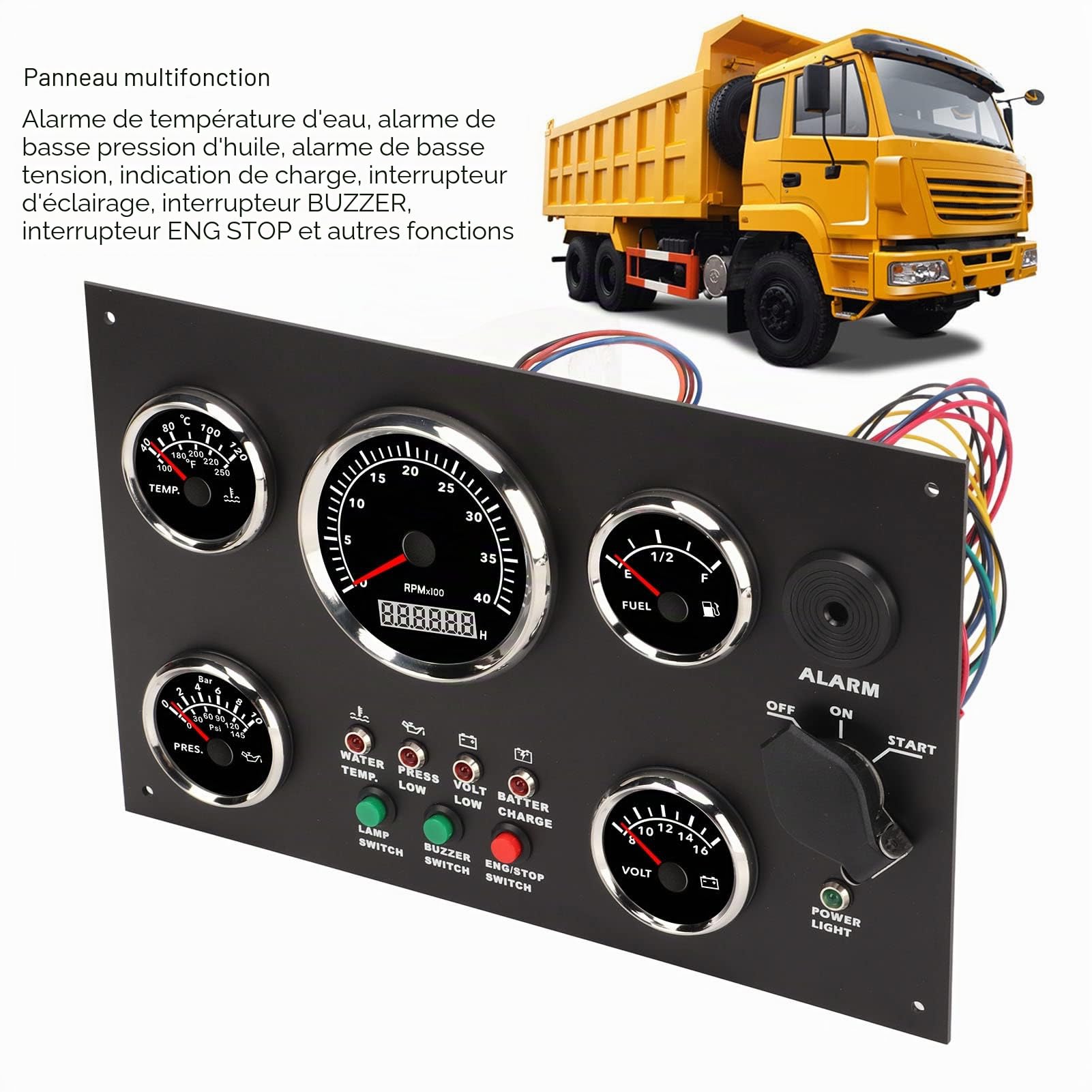 Aramox Tableau de Bord Marin 5 Jauges, Tachymètre Température Carburant Pression Huile Voltmètre, Rétroéclairage Rouge LED, IP67, 300x190mm, pour Bateau Yacht