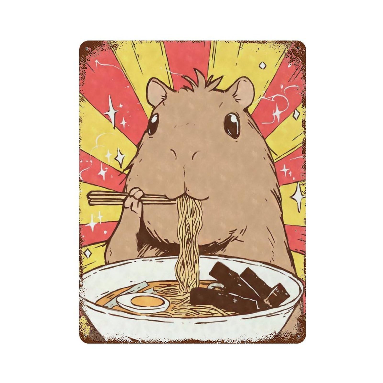 Kawaii Capybara Ramen Vintage Rust Metal Sign 15.7"x11.8", Retro Wall Decor for Garage, Pub Or Kitchen