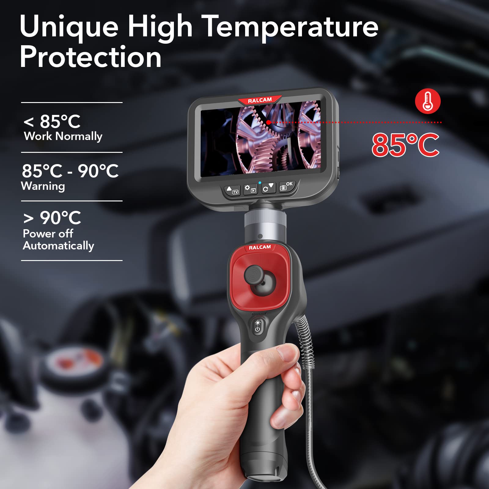 Ralcam Caméra Endoscopique Pivotante 360° 4,3" HD 720P IP67 Sonde 6,2 mm Câble Flexible 1 m