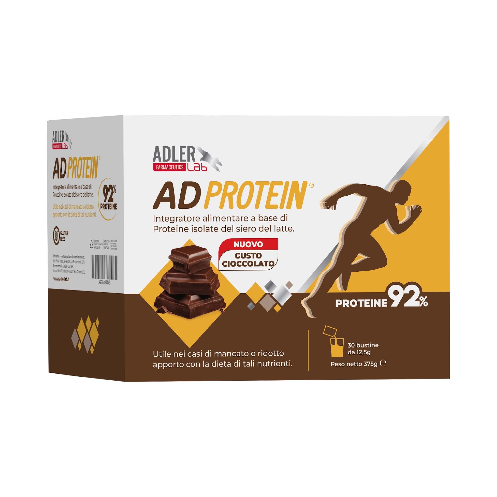 Adler Lab ADPROTEIN Integratore, 30 bustine gusto cioccolato con proteine isolate del siero del latte (92%). Rapido assorbimento, aminoacidi essenziali, basso lattosio (<1%), senza glutine.