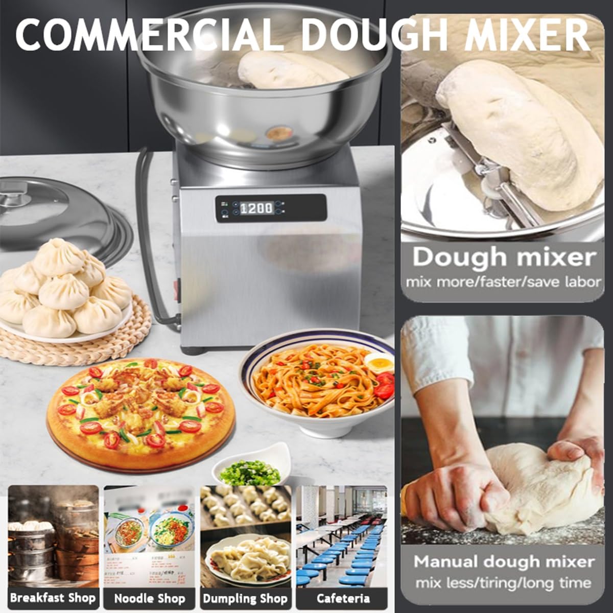 Pétrin électrique 5 kg/8 kg avec minuterie 30 min, pétrin professionnel en acier inoxydable, idéal pour la pâte à pizza et à pain(5kg)
