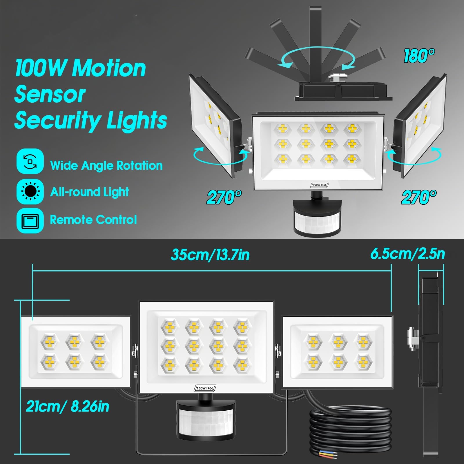 100W Projecteur LED Extérieur avec Détecteur de Mouvement, Applique Murale Extérieure 6500K IP65 avec Télécommande, Lampe Extérieure Détecteur de Mouvement pour Jardin Garage Terrasse
