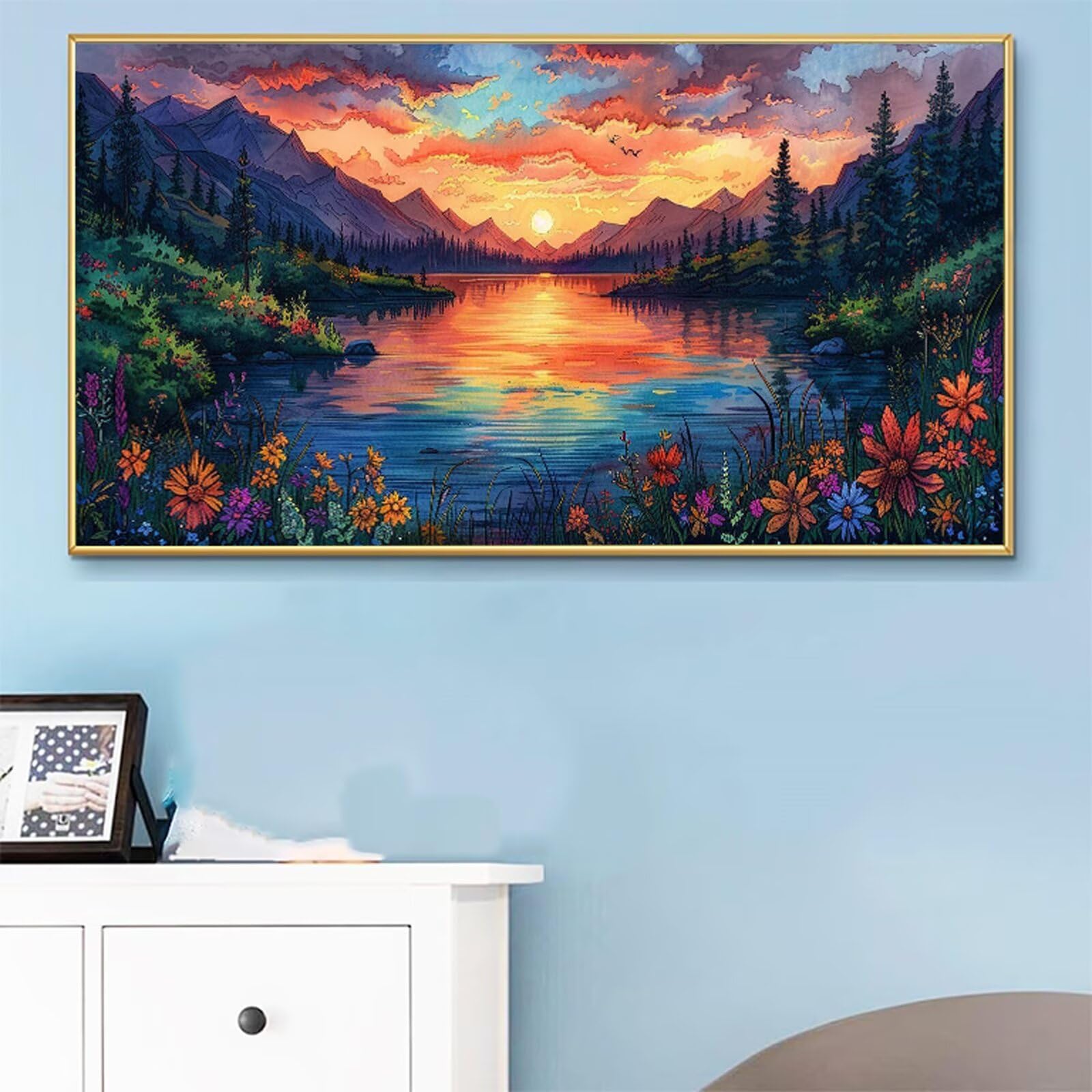 Peinture Numero Adulte Fleur Peinture Numéro Coucher De Soleil DIY Coloriage par Numero Adulte 50x100cm avec Pinceaux et Acryliques, Sans Cadre, Activité Manuelle Pour Décoration Maison Salon RB-37