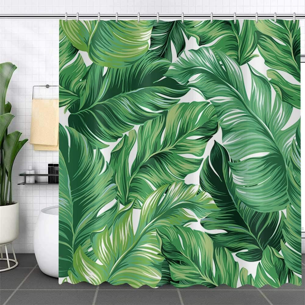Rideau de douche jungle tropicale pour créer une ambiance spa naturel avec plantes vertes
