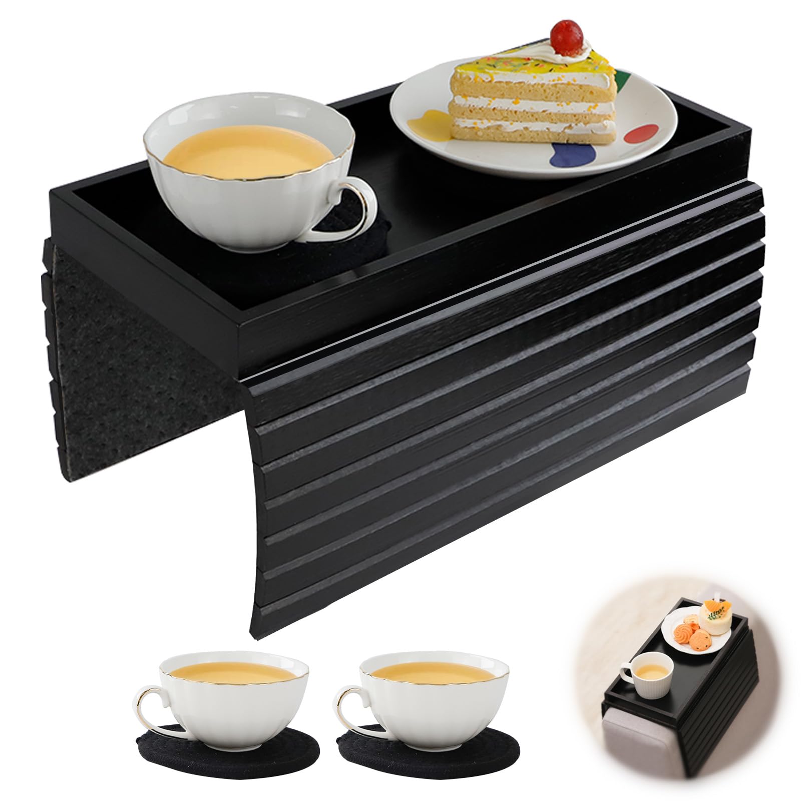 Sofa Arm Tray with Cup Mats, Foldable Sofa Arm Table Couch Tray, Anti-Slip Sofas Trays Table Armchair Table Couch Armrest Trays Couch Cup Holder Sofas Side Table for Phone, Remote, Cups (Black)