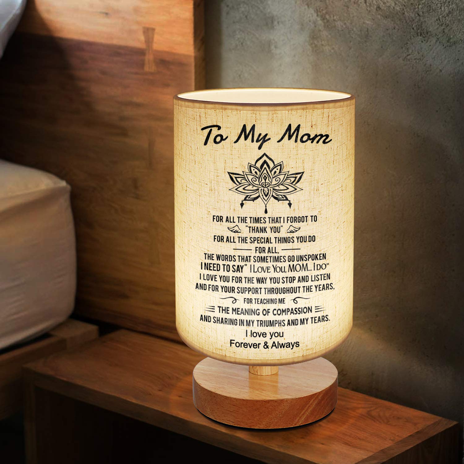 To My Mom Mother Day Birthday Gifts - Engraved Table Lamp Dimmable Bedside Nightstand Lamp Fabric Desk Lamp