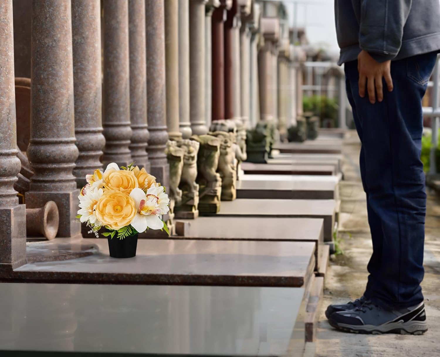 Hollyone 2Pcs Artificial Cemetery Flowers for Grave in Vase Silk Rose Lily Flower Arrangements Cemetery Decorations Memorial Flowers with Pot for Outdoor Headstones Decoration Yellow