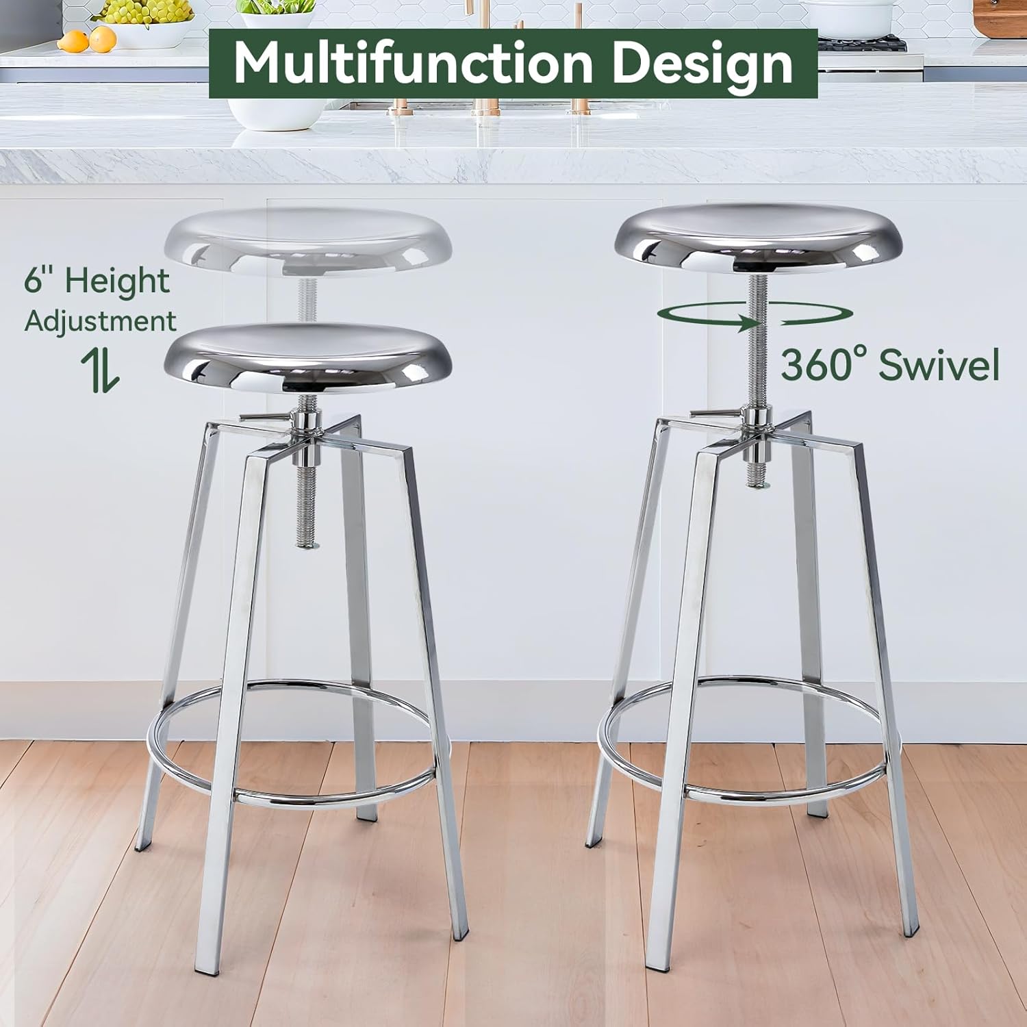 Chrome Bar Stools Set of 2, Adjustable Height 360° Swivel Bar Stools, Backless Industrial Metal Counter Stools with Footrest, Bar Chairs for Kitchen Island, Home Bar, Pub, Bistro