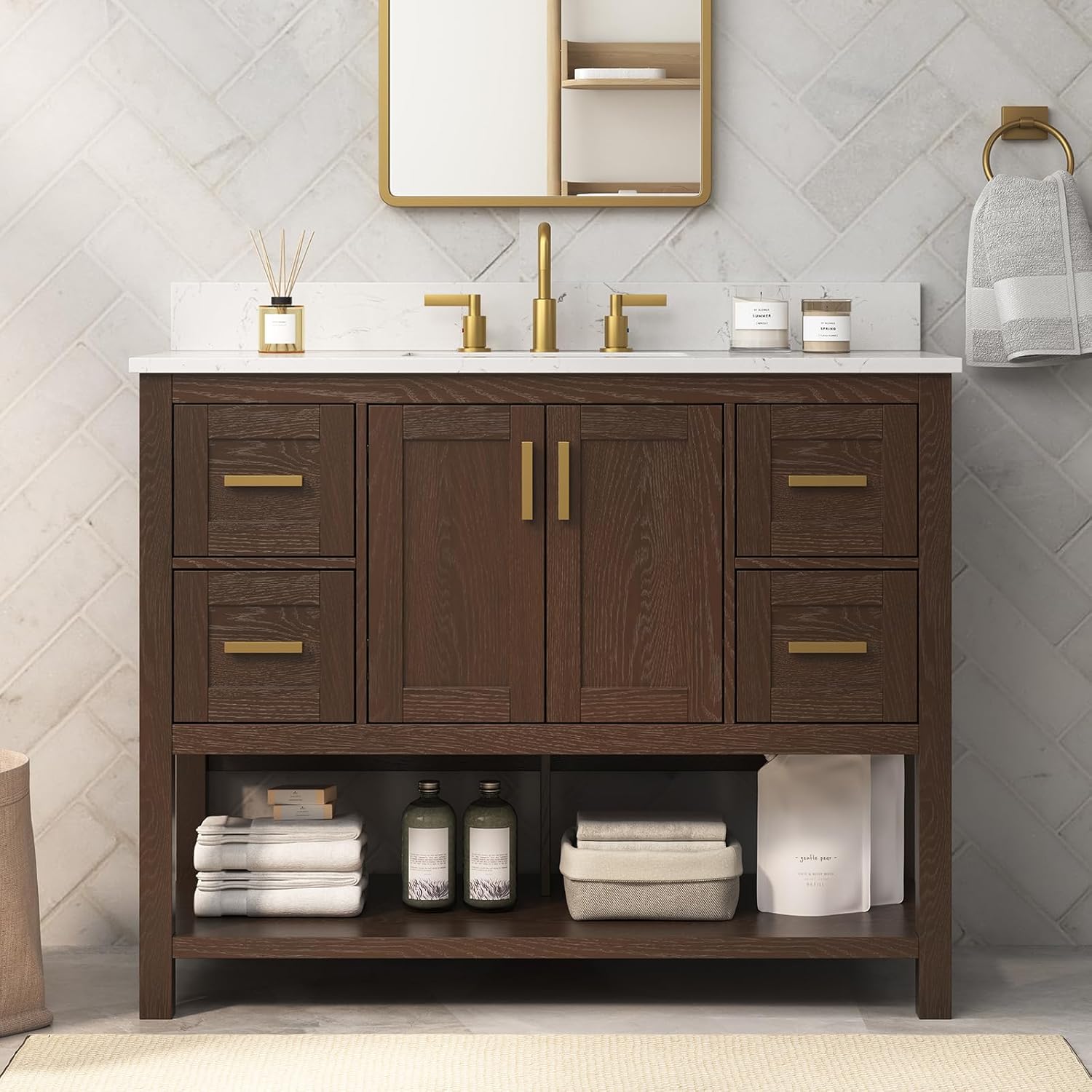 42 Inch Bathroom Vanity with Sink, Farmhouse Storage Cabinet with Drawers & Open Storage Shelf, Fully-Assembled, Soft-Closing Drawers and Adjustable Feet, Walnut