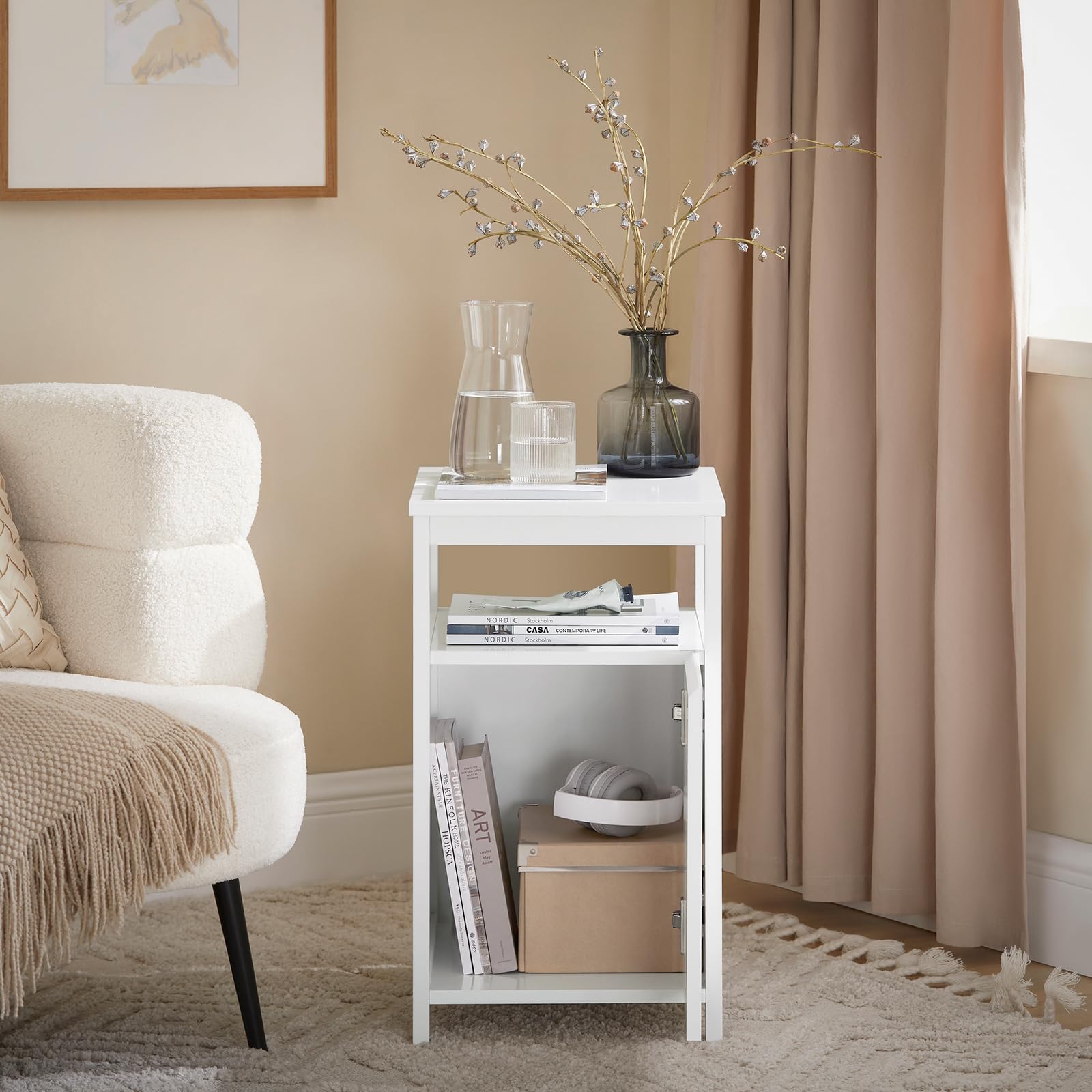 SoBuy Nachttisch Aus MDF – 30x55x35 Cm, Weiß, Mit Schublade & Offenen Fächern