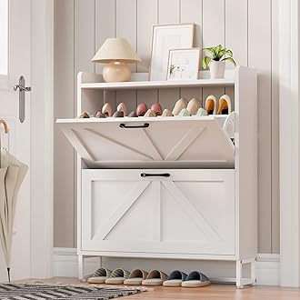 Betterhood Entryway Shoe Cabinet with 2 Flip Drawers, Slim Shoe Rack Cabinet, Freestanding Hidden Shoe Organizer Cabinet with Metal Legs, Shoe Cabniet for Entryway with Storage, Hallway, Foyer, White
