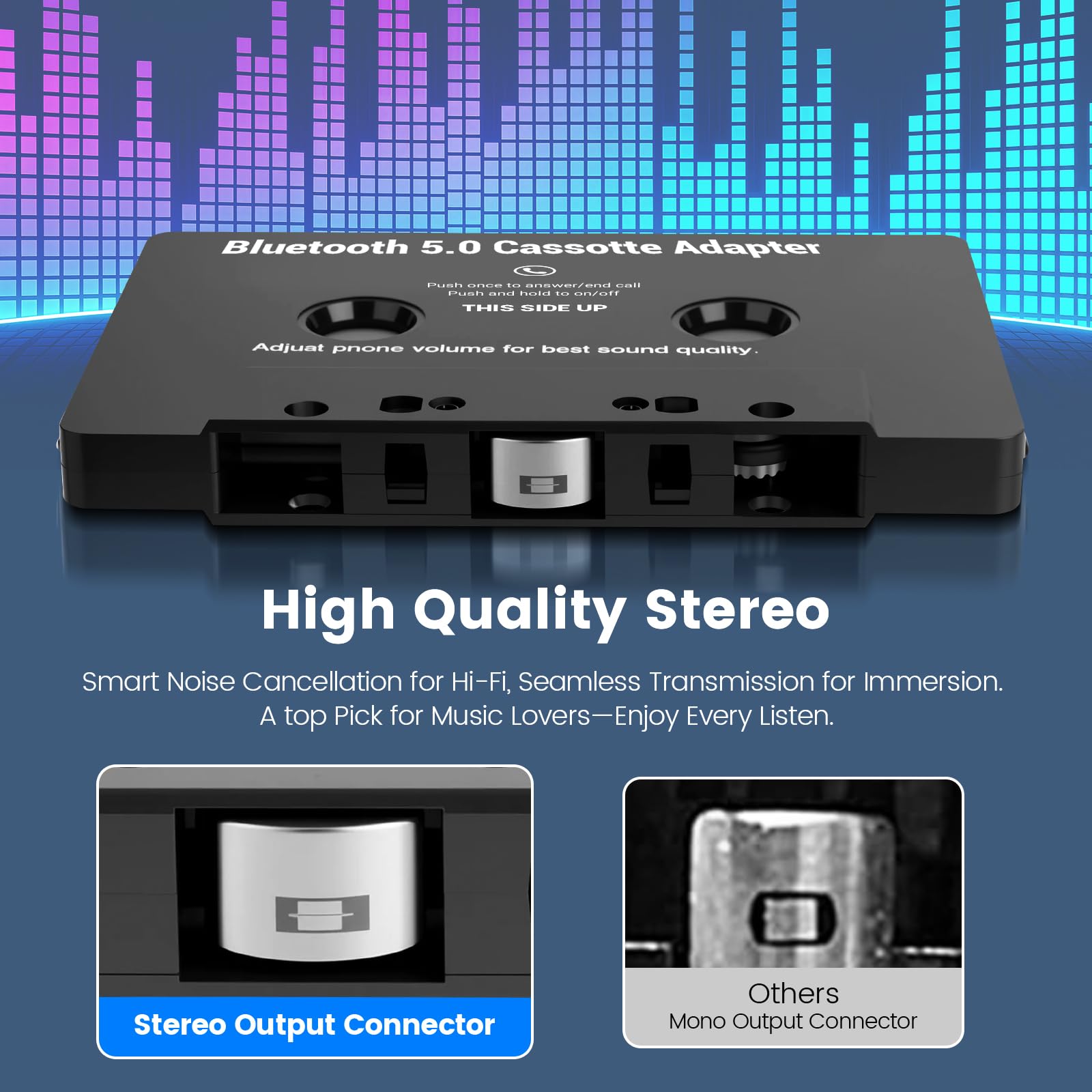 Jaxiyun Adaptateur de Cassette Voiture Bluetooth 5.0, Adaptateur pour Cassette vers AUX avec Microphone Intégré pour des Appels en Mains Libres sans Fil Universel,pour DVD Radio - 5