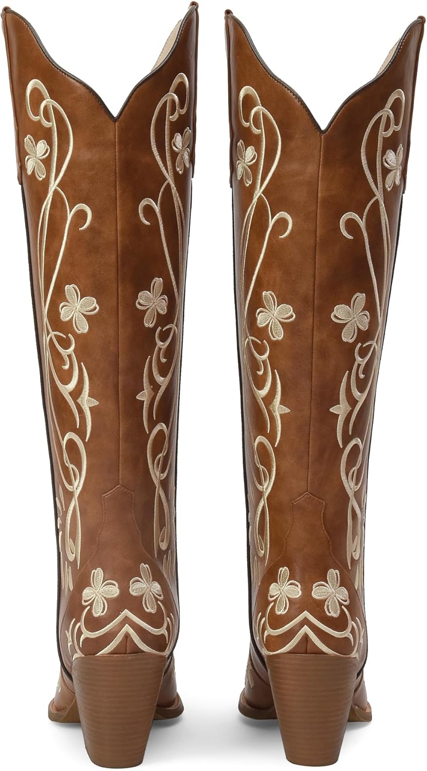 iiimmu Cowgirl Boots Women Knee High Vintage Cowboy Boots with Floral Embroidered Classic Pull On Design Western Footwear