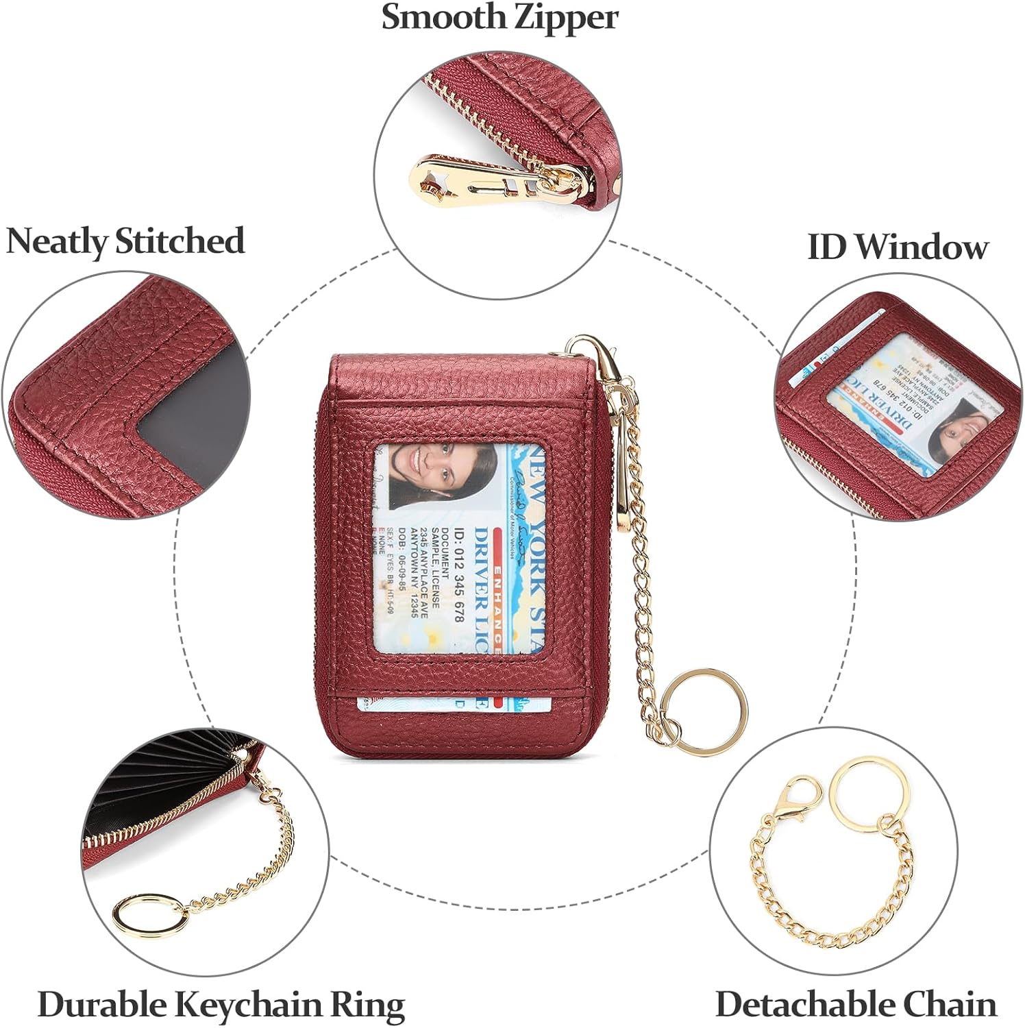 SENDEFN Women's Card Holder RFID Blocking Leather Credit Card Case Wallet Zipper Keychain Purse with ID Window - Image 5