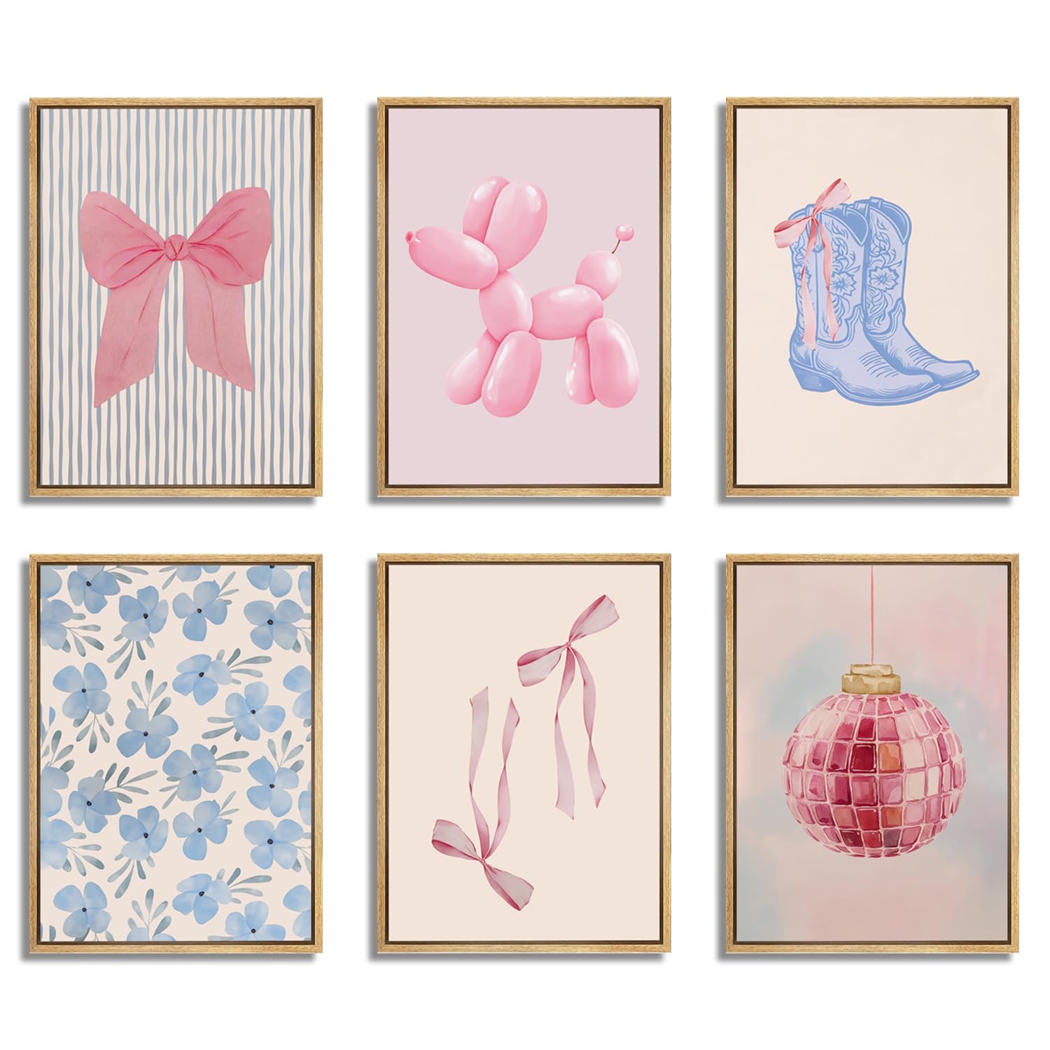 LMYSXAOZ Blue and Pink Preppy Poster Set of 6 Cute Coquette Bow Boots Wall Art Aesthetic Coastal Art, Trendy Girls Dorm Decor Bows for Bedroom Living Room Unframed 12x16 Inch