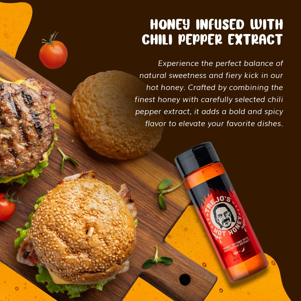 Trejo's Tacos Hot Honey | Sweet and Spicy Honey Hot Sauce | Infused with Chili Pepper Extract | Great for Topping or Dipping Sauce for Oatmeal, Ice-Cream, Fried Chicken & Bbq - Pure and Gluten Free | Authentic Creation by Trejo's Tacos - Pack of 6