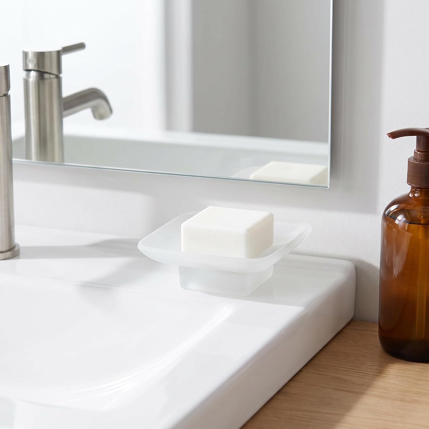 Square Frosted Glass Soap Dish Holder with Base for Bathroom Sink image 5
