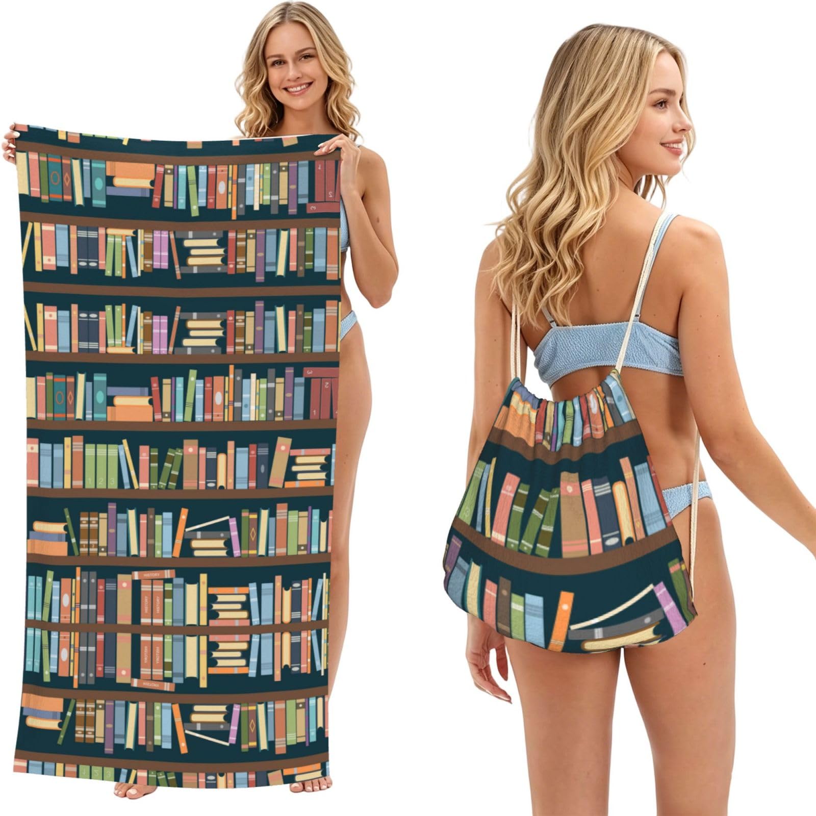 ESNAIUVCD Cartoon Bookshelf Print Beach Towel For Adults,Towel With Drawstring Bag, Travel Pool Swimming Sports Shower Sand Free Quick Dry Bath Towel For Pool, Beach, Yoga- 180x60cm