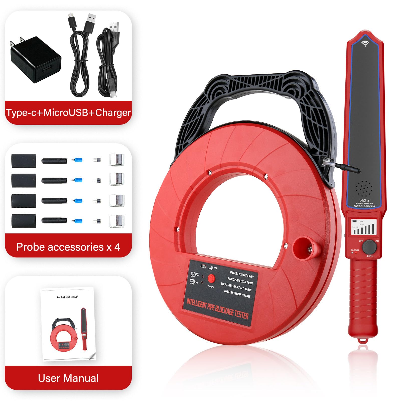Jectse Rilevatore di Intasamenti di Tubazioni, Localizzatore di Intasamenti di a Lunga Distanza Ad Alta Precisione da 2 M con 4 Sonde Impermeabili e Avviso Cicalino, per in PVC