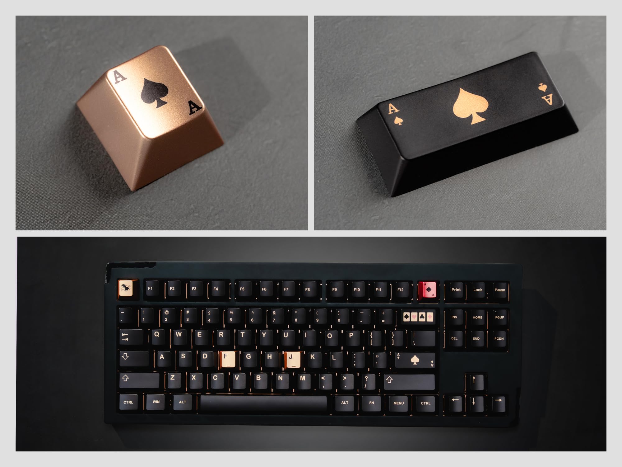 PBT Tastenkappen mit Metallfarbe und Poker-Motiv, 112 Tasten in Schwarz/Gold/Rot, Sublimationsdruck, Cherry Profil für mechanische Tastaturen mit 61/64/66/68/75/84/87 MX-Schaltern