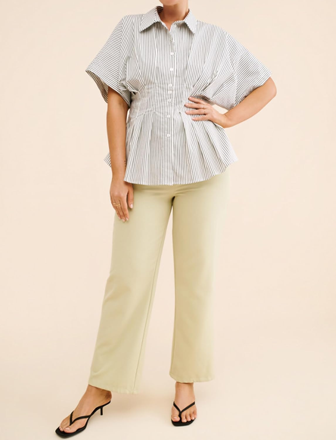 Women’s Striped Button Down Shirt Summer Pleated Short Sleeve Tops Collared Peplum Blouse Business Casual Outfits - Image 8