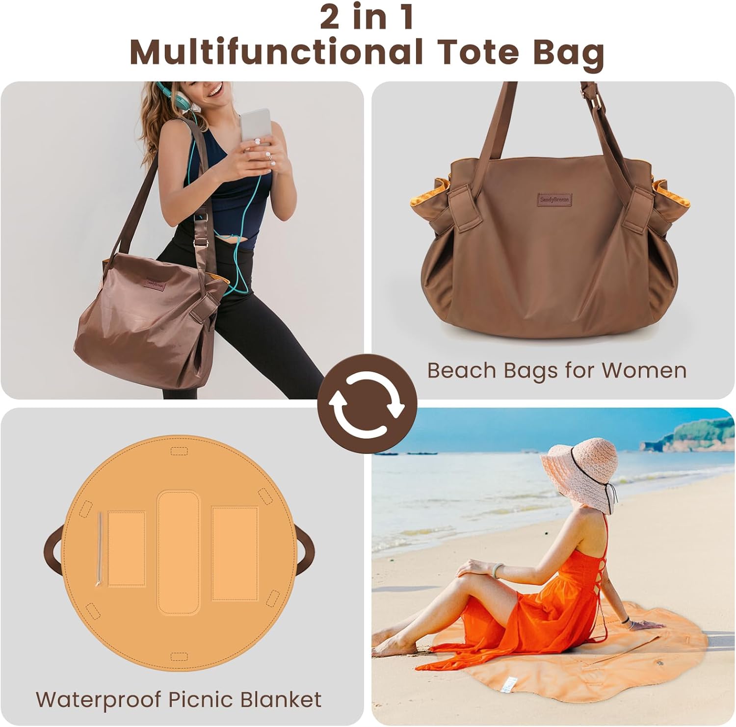 Extra Large Beach Tote for Women - 2-in-1 Foldable Spill-Repellent Sandproof Bag with Brown Picnic Blanket, Perfect for Pool & Camping