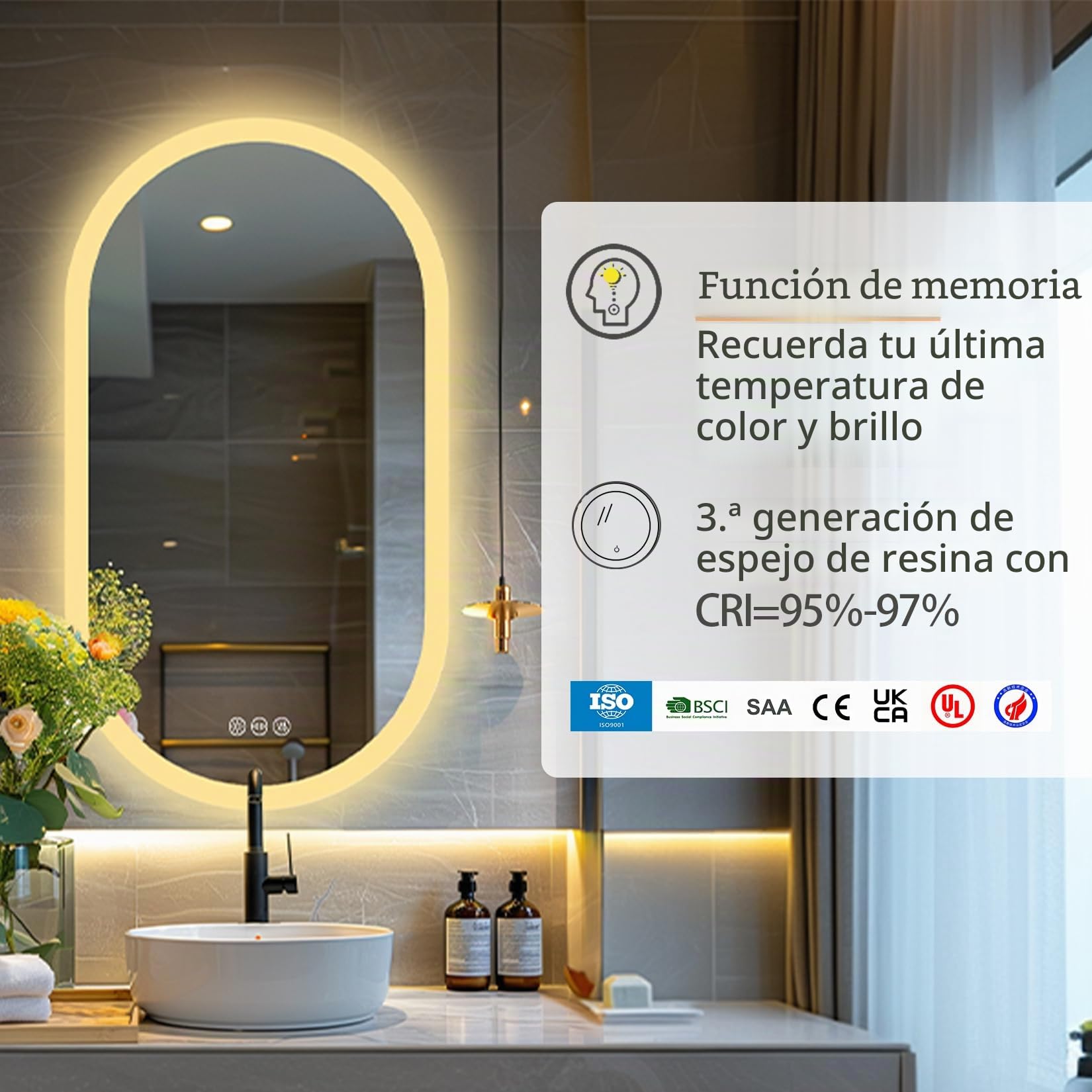 LUVODI Espejo Baño con Luz Led Ovalado 80 x 50 cm Espejos de Baño Antivaho con Luz Retroiluminado Regulable Espejo Moderno Inteligente con Interruptor Tactil y Enchufe para Recibidor vestidor