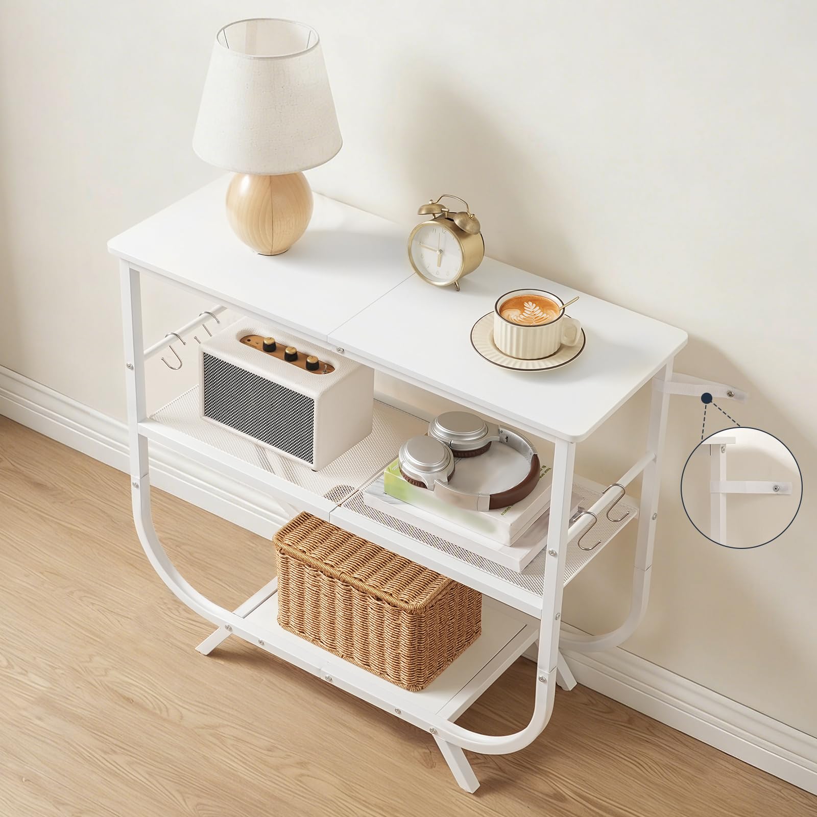 HOOBRO Mesa de Consola de 3 Niveles, Estantería Estrecha con Marco Metálico, 80 x 30 x 74 cm, Mesa Auxiliar para Sofá, Mueble de Entrada con Pies Ajustables y Ganchos, Pasillo, Salón, Blanco EWW63XG01
