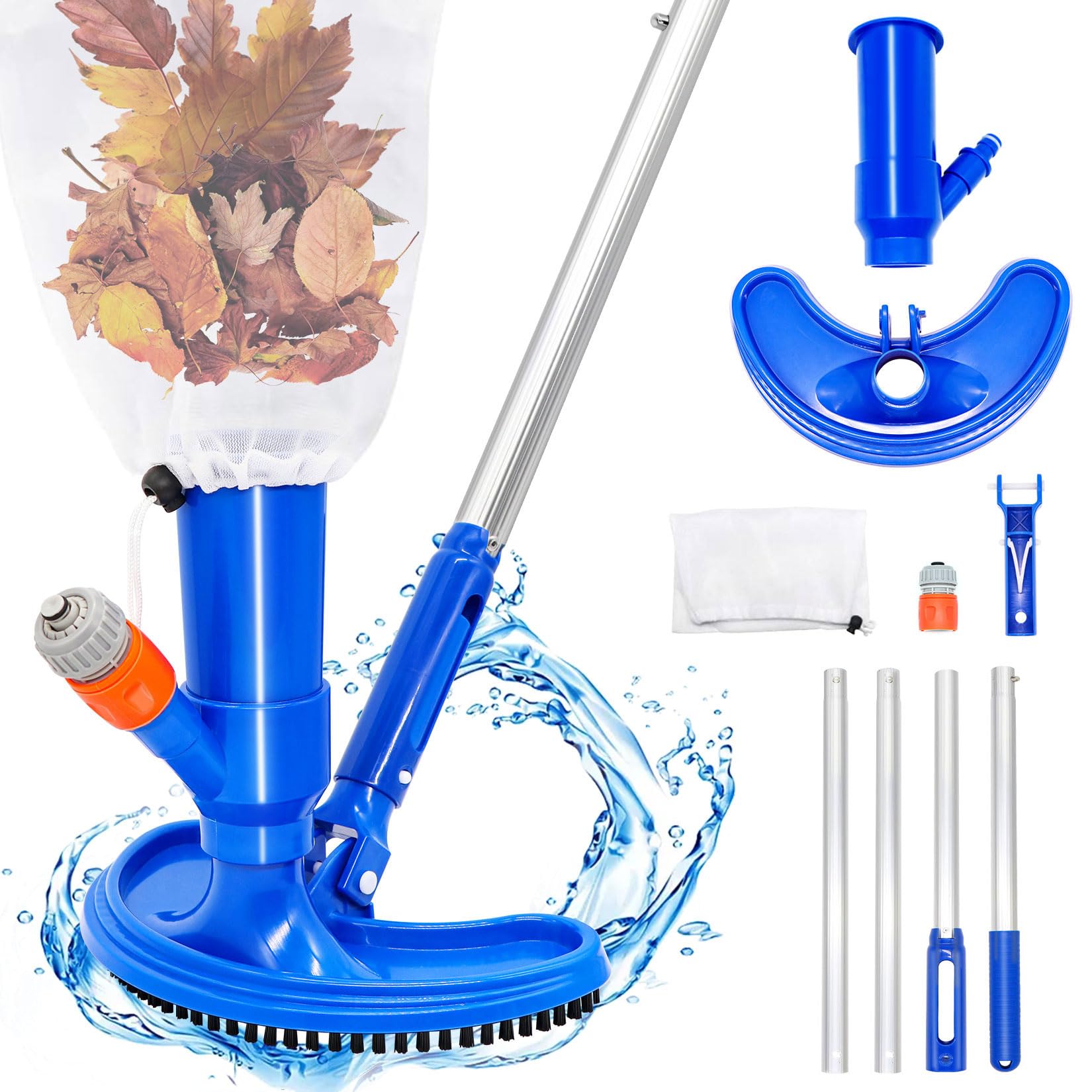 Herbst Odkurzacz basenowy, zestaw 160 cm, do czyszczenia basenu, z aluminiowym drążkiem teleskopowym, poszerzona, zakrzywiona szczotka, odkurzacz do basenu, do basenu, basenu ogrodowego, stawu