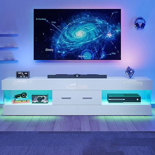 Miniatura 13 de Bestier Moderno soporte de TV de 60 pulgadas para TV de 65/60/55+, centro de entretenimiento negro brillante con 2 cajones y luces LED, paneles