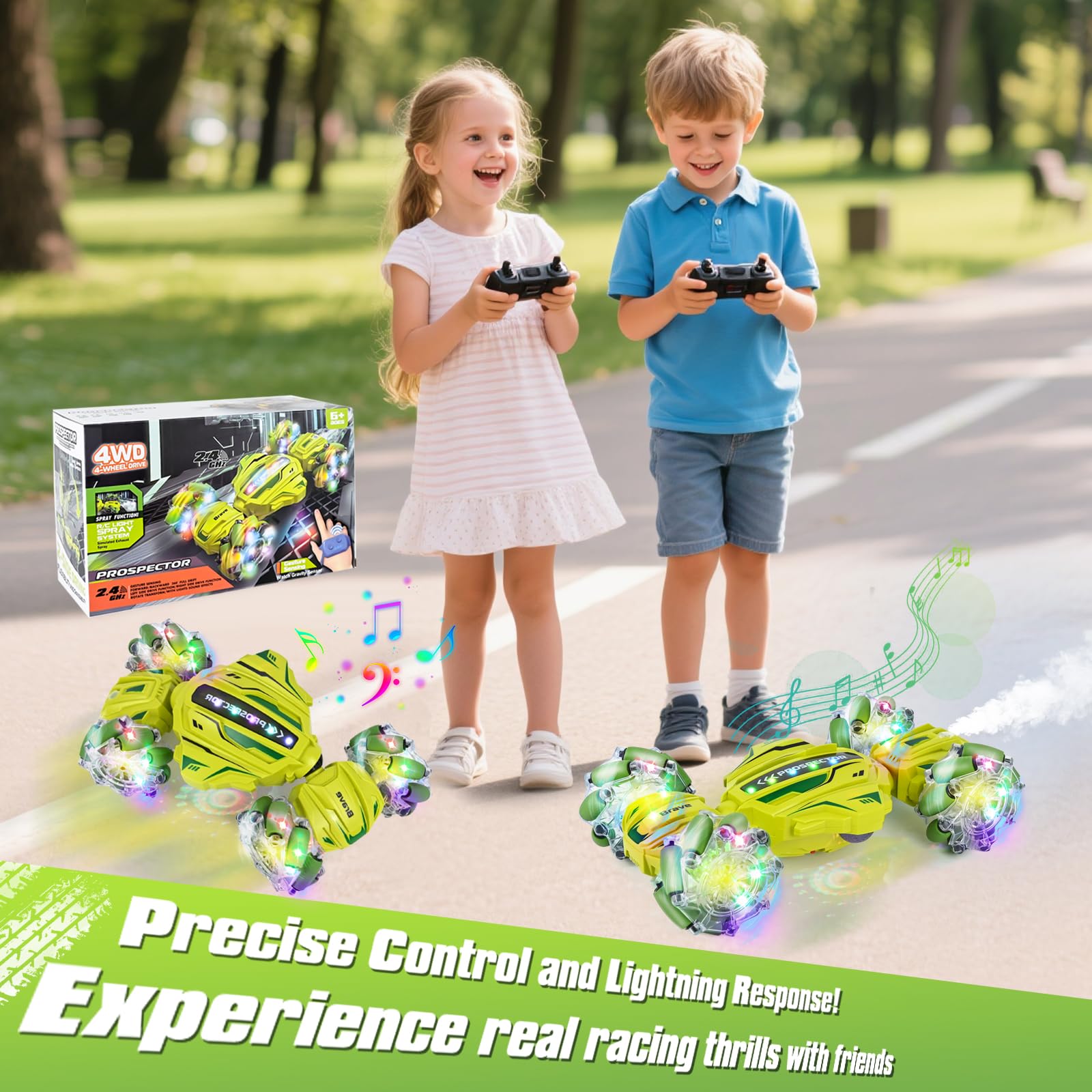 PATEMZON Voiture Télécommandée Tout Terrain, 4WD 2.4Ghz RC Stunt Car, Voiture télécommandée avec la Main, Lumière et Spray, Rotation à 360°, Cadeau pour Filles Garçons Enfants de 6 8 9+ Ans (Vert)