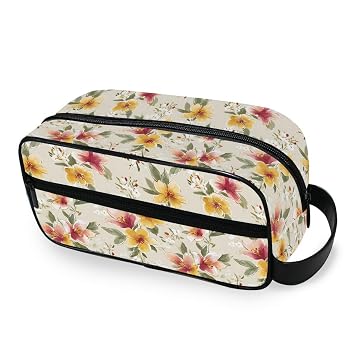 Travel Toiletry Bag Nylon Dopp Kit Shaving Bag Makeup Case Cosmetics Organizer for Men Women Floral Light Beige