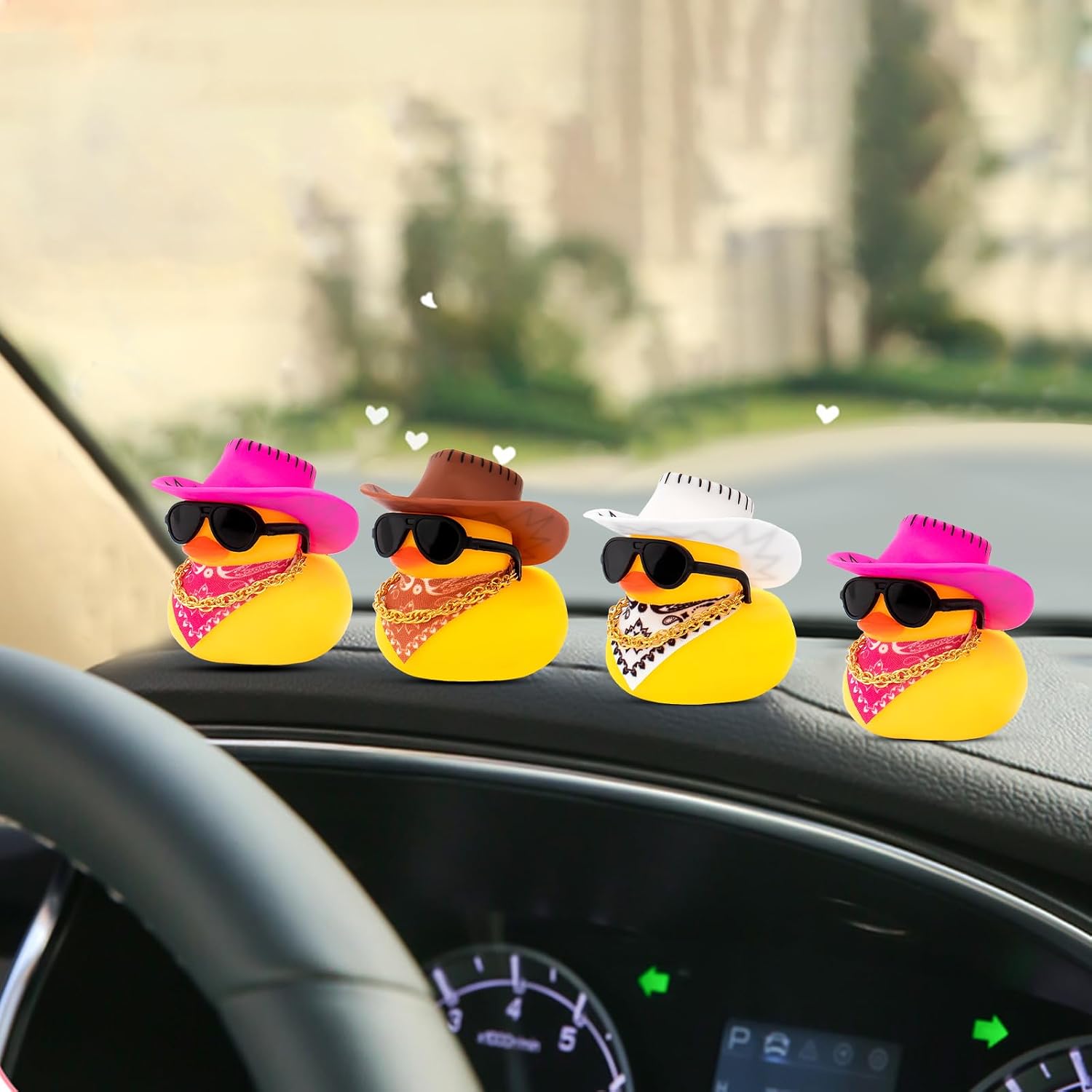wonuu Car Decorations Stripe Cowboy Hat Rubber Ducks, Dashboard Rubber Ducky for Car Ornament Cute Duck with Hat, Glasses, Necklace, Scarf, Brown