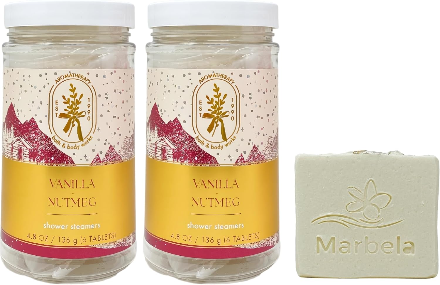 Bath & Body Works Aromatherapy Vanilla Nutmeg - 2 Shower Steamers with a Natural Oats Soap - Full Sized
