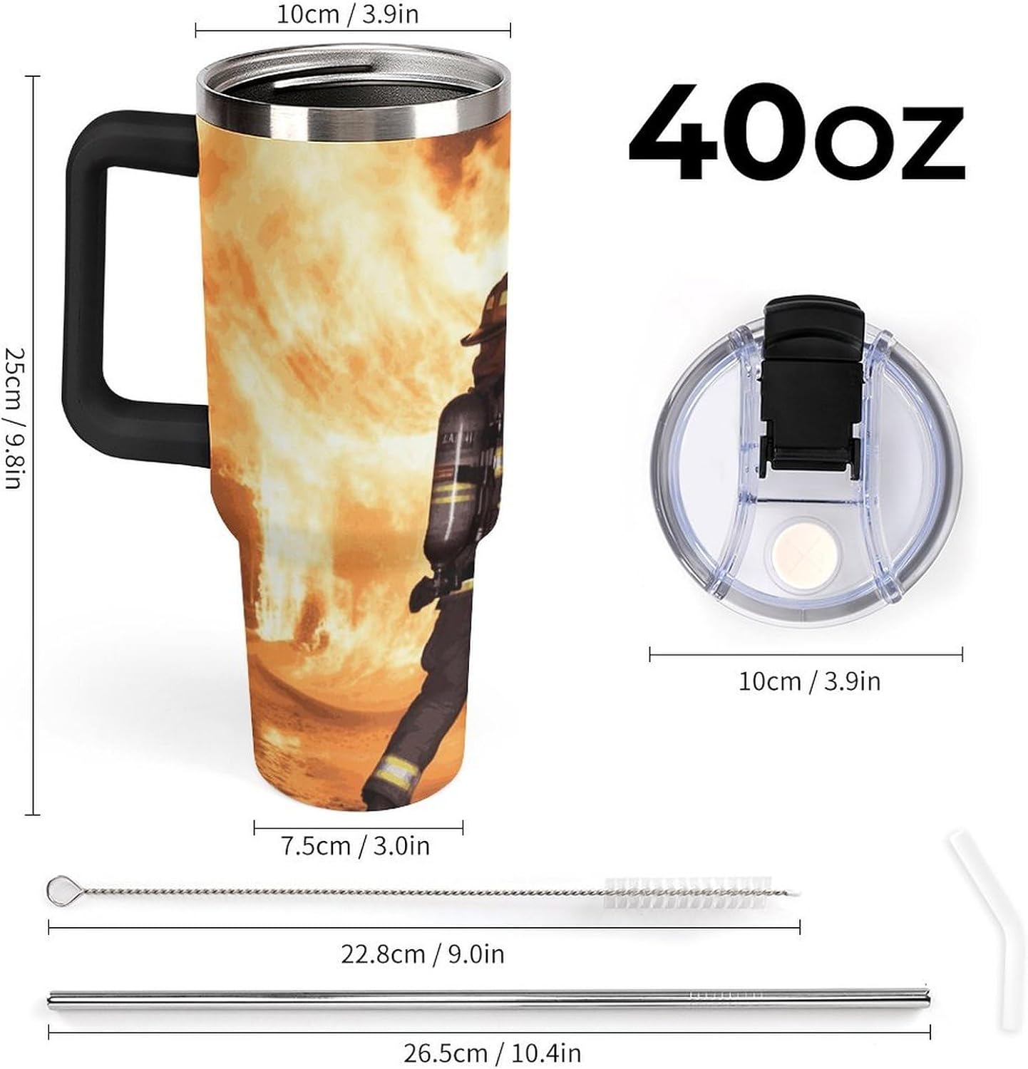 40oz Stainless Steel Firefighter Fireman Flame Tumbler with Handle And Straw Double Wall Vacuum Insulated Travel Mug Bpa-Free Leak-Proof Water Bottle Cup Holder Friendly for Home Office Gym