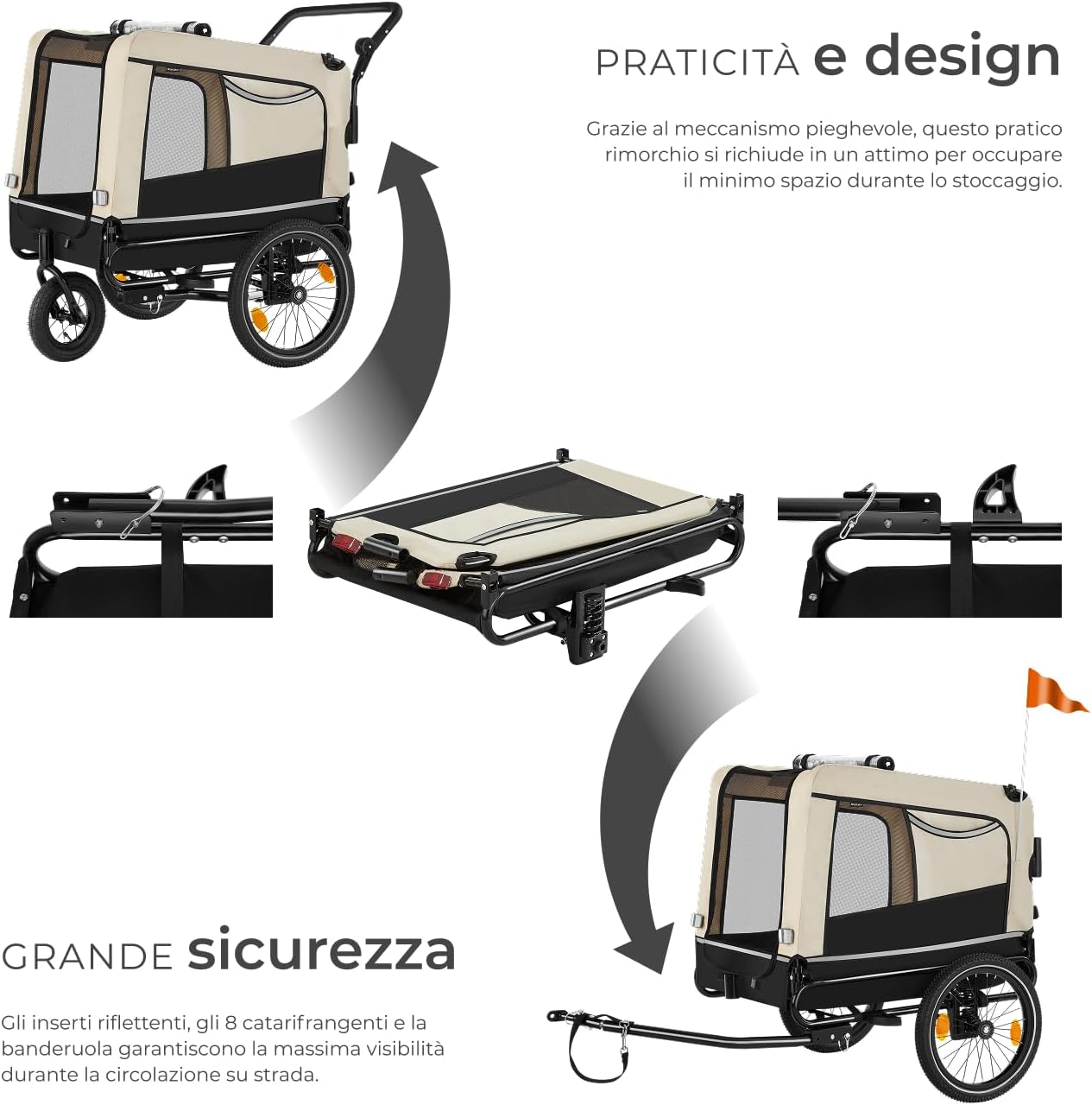 Diagram showing the tectake WoofRider dog trailer in assembled form, folded flat, and converted to jogger mode.