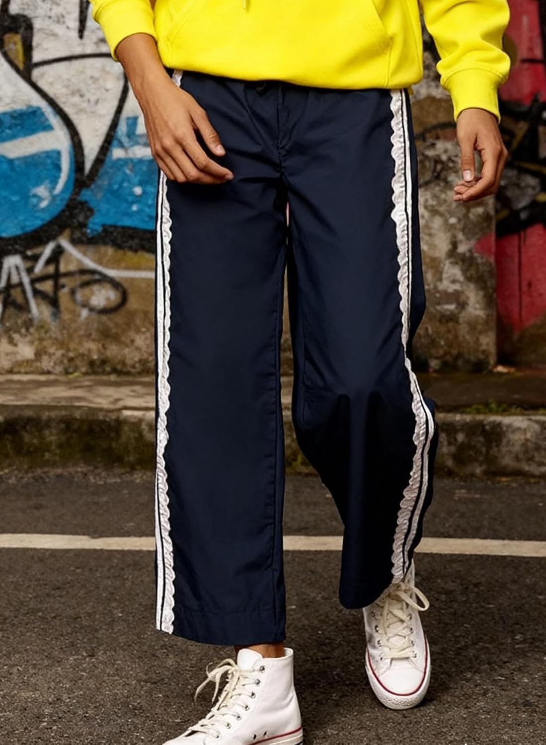 Baggy Track Pants Women Wide Leg Y2K Casual Drawstring Striped Contrast Color Lace Side Workout Pants