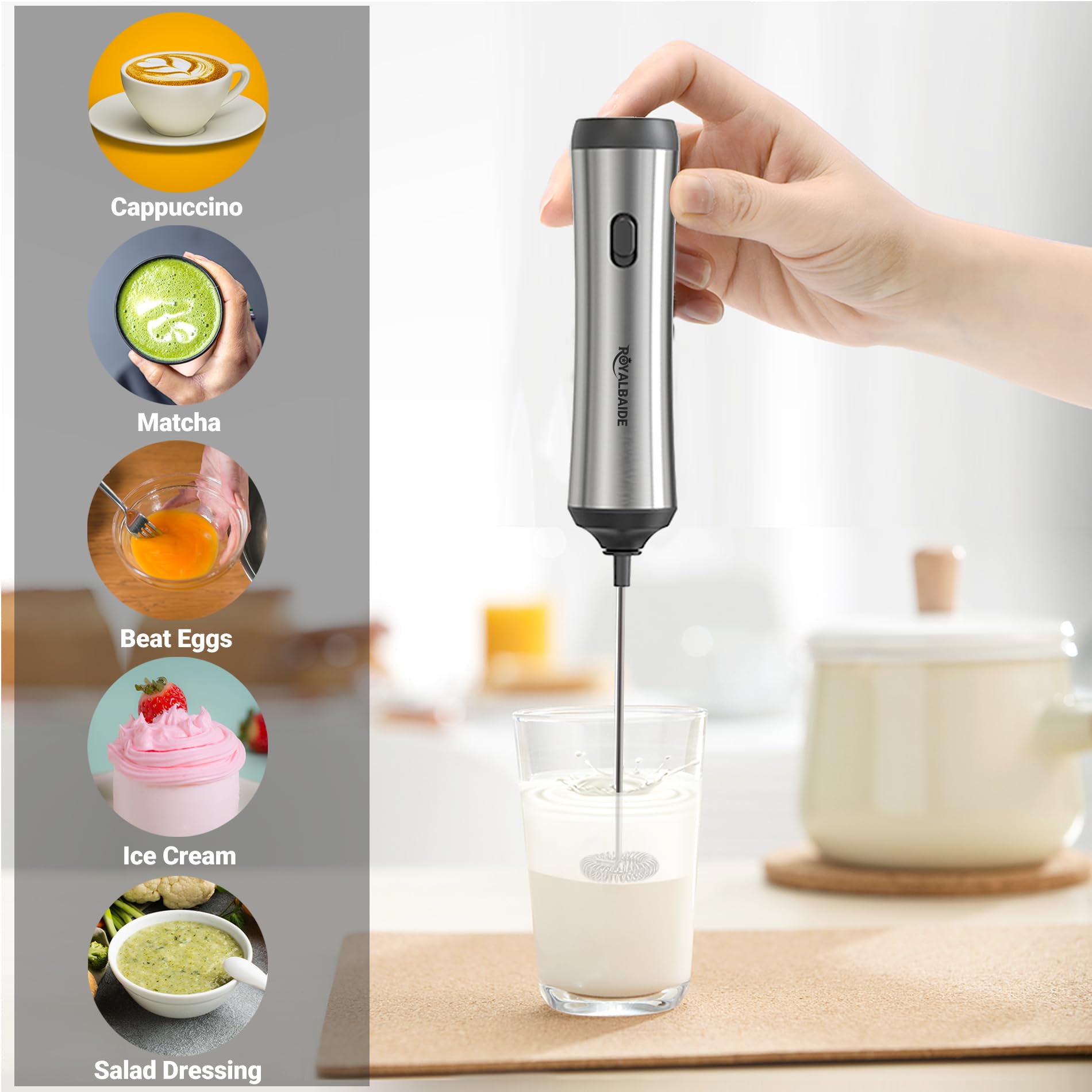Montalatte Palmare, Schiumatore Elettrico con Frusta in Acciaio Inossidabile, Montalatte Ricaricabile con Cavo USB per Caffè, Latte, Cappuccino, Frappe, Matcha, Cioccolata Calda, KJBQ-1
