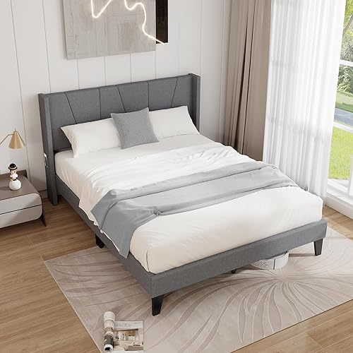 KOMFOTT Base de cama tapizada tamaño Queen con cabecera con respaldo de ala, plataforma moderna con soporte de listones de madera, base de colchón