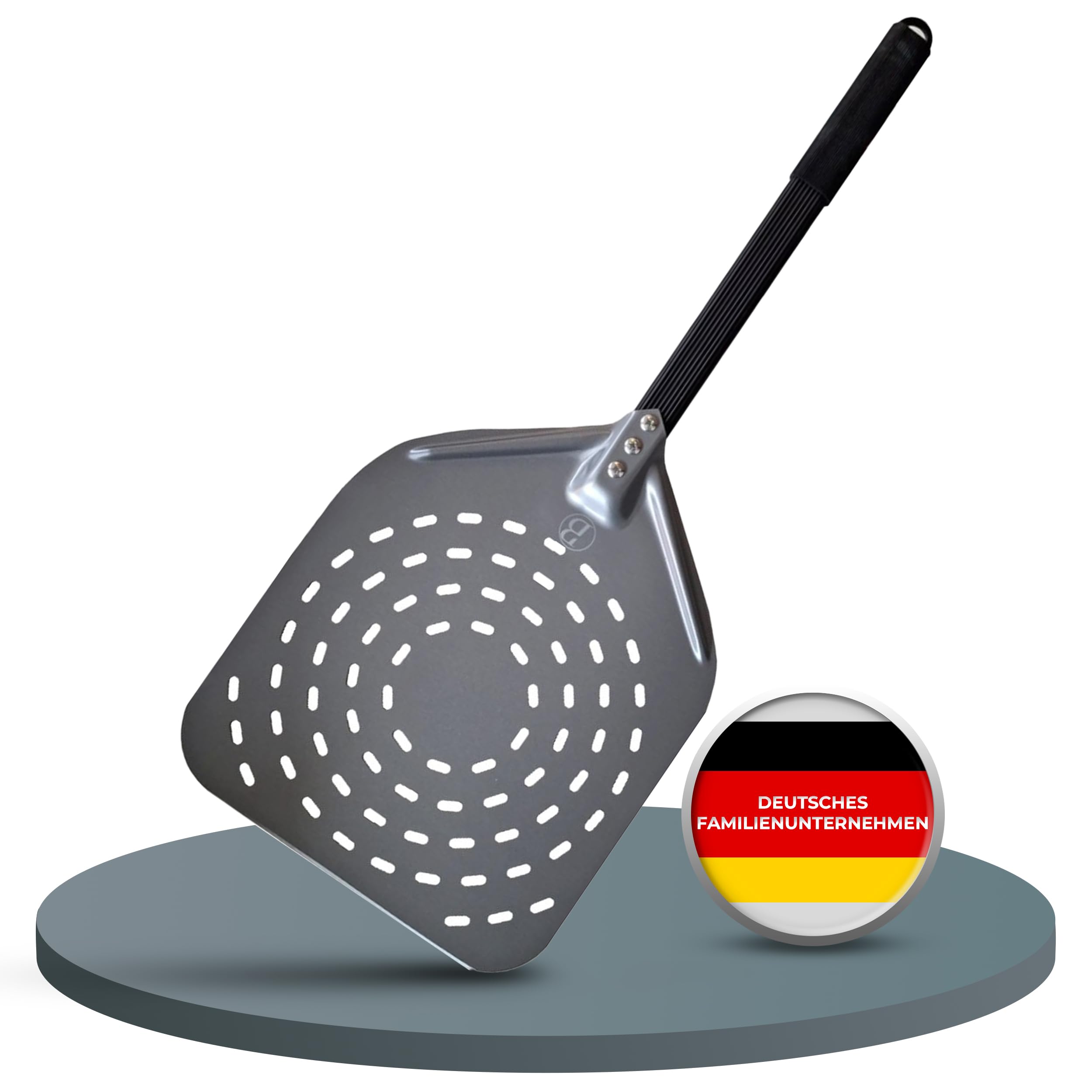 BABOSSA Pizzaschieber aus eloxiertem Aluminium – extra gleitfähig und hitzebeständig – stabile Pizzaschaufel mit gummiertem festen Griff – Perfekt für Backofen, Pizzaofen und Grill