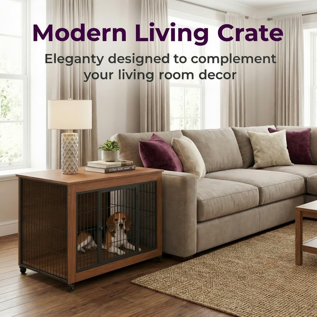 32.5'' Dog Crate Furniture with Movable Lockable Wheels & Ventilation Design, Dog Kennel with Side Table Top & Secure Slide-Locks for Small Medium Dogs Indoor, Brown