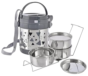 Designer Food Grade, Leak Proof Insulated Stainless Steel Lunch Box with 3 Container (Grey)-HS42HEARTH25110