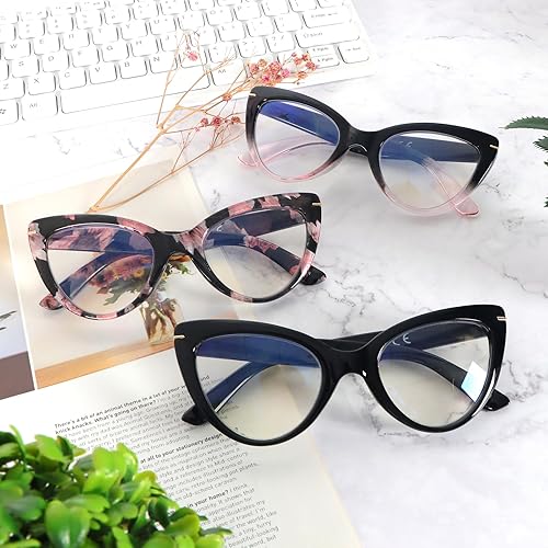 Miniatura 6 de DXYXYO Paquete de 3 lentes de lectura con diseño de ojo de gato para mujer, con bloqueo de luz azul, marco grueso, lectores de computadora 1.25,