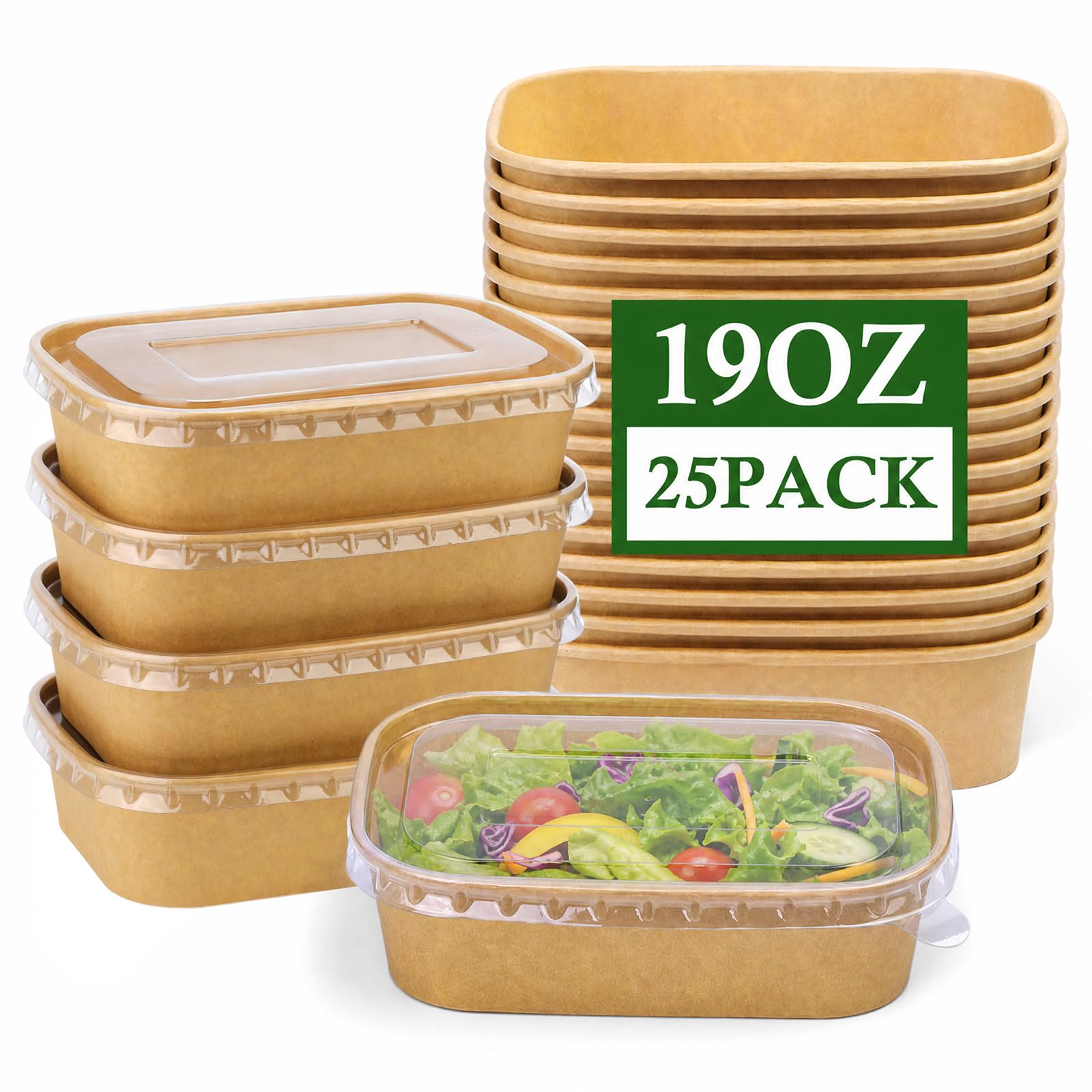 Paquete de 25 recipientes desechables de papel de 19 onzas, recipientes cuadrados desechables para alimentos con tapas transparentes, cuencos de ensalada de papel con tapa adecuados para ensalada de