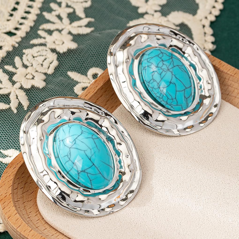 Silver Western Turquoise Statement Earrings for Women,Large Oval Gold Turquoise Dangle Drop Earrings,Vintage Cowboy Cowgirl Jewelry - Image 3