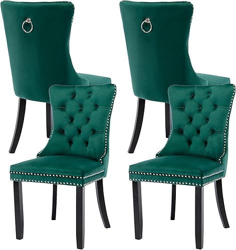 Miniatura 28 de Juego de 4 sillas de comedor de terciopelo, sillas de comedor tapizadas con ribete de cabeza de clavo, patas de madera, anillo de tracción, sillas