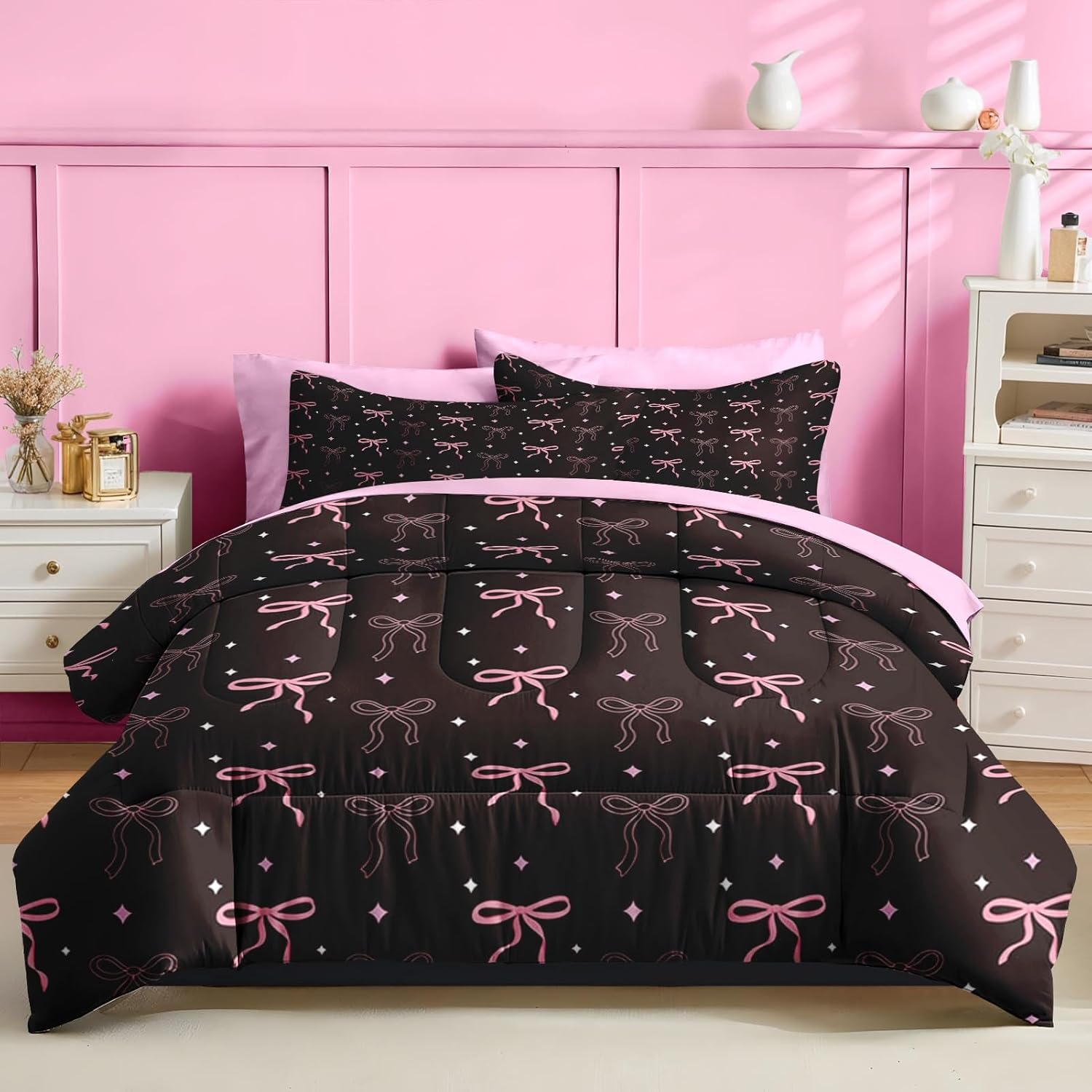 Nesker Bow Comforter Set Twin Size, 5 Pieces Bed in a Bag, Pink Black Bow Bedding Set for Girls, Cute Bowknot Comforter Set with 1 Pillowcase & 1 Sham