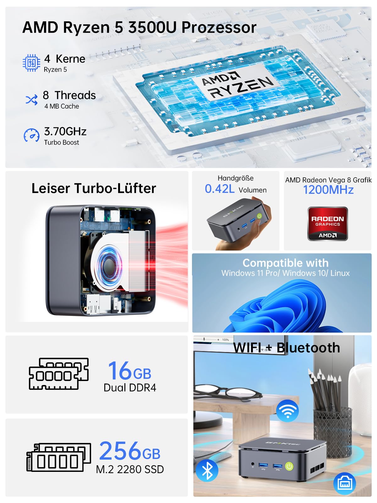 GMKtec Mini PC Ryzen 5 3500U (Beats 4300U/N150/N95), 16 GB RAM 256GB M.2 SSD, Mini Desktop Computer mit 2.5G LAN, Triple 4K Display (HDMI/DP/Type C), Micro PC für Büro, Gaming und Zuhause